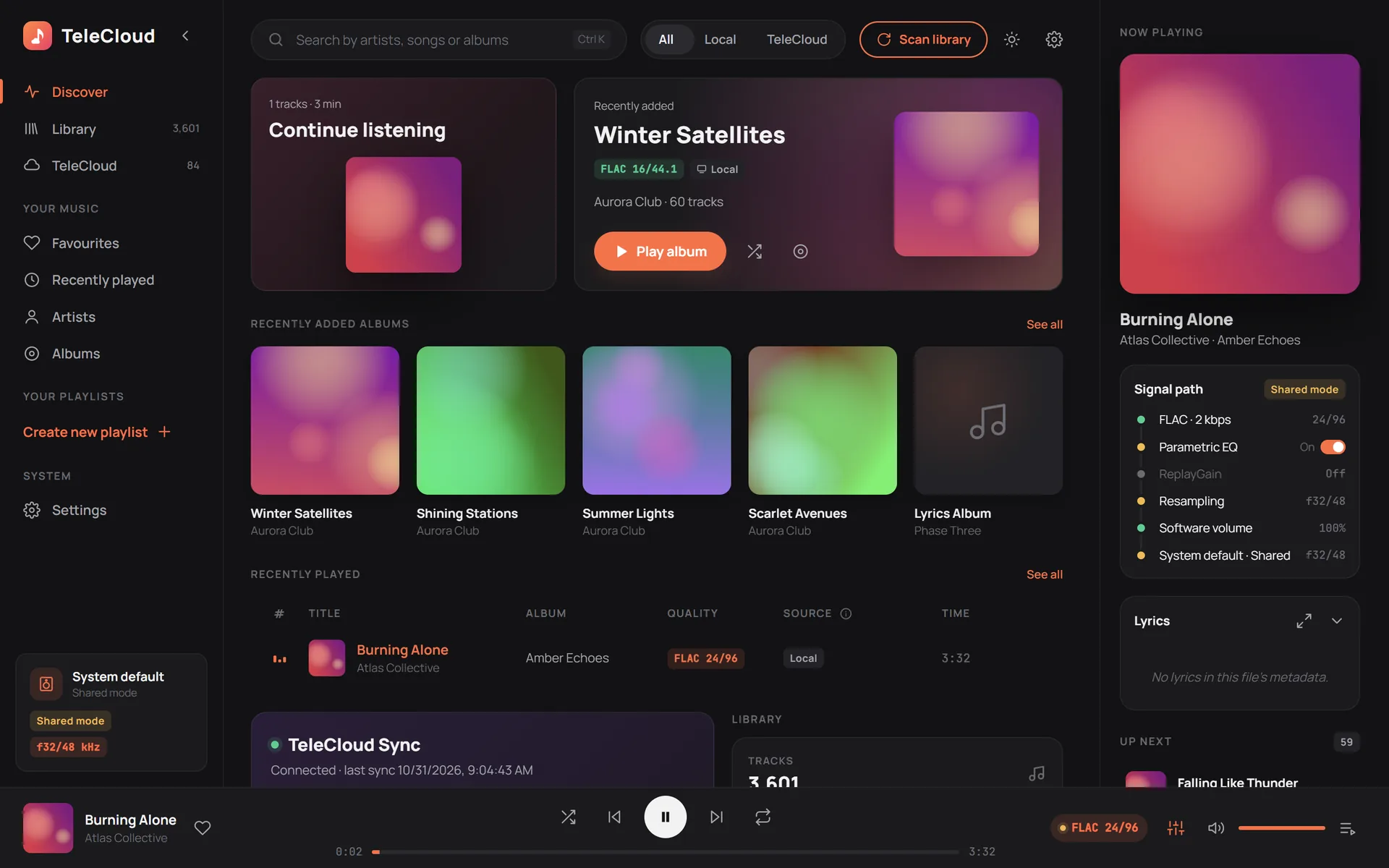 TeleCloud's Discover page with a track playing and the signal path panel