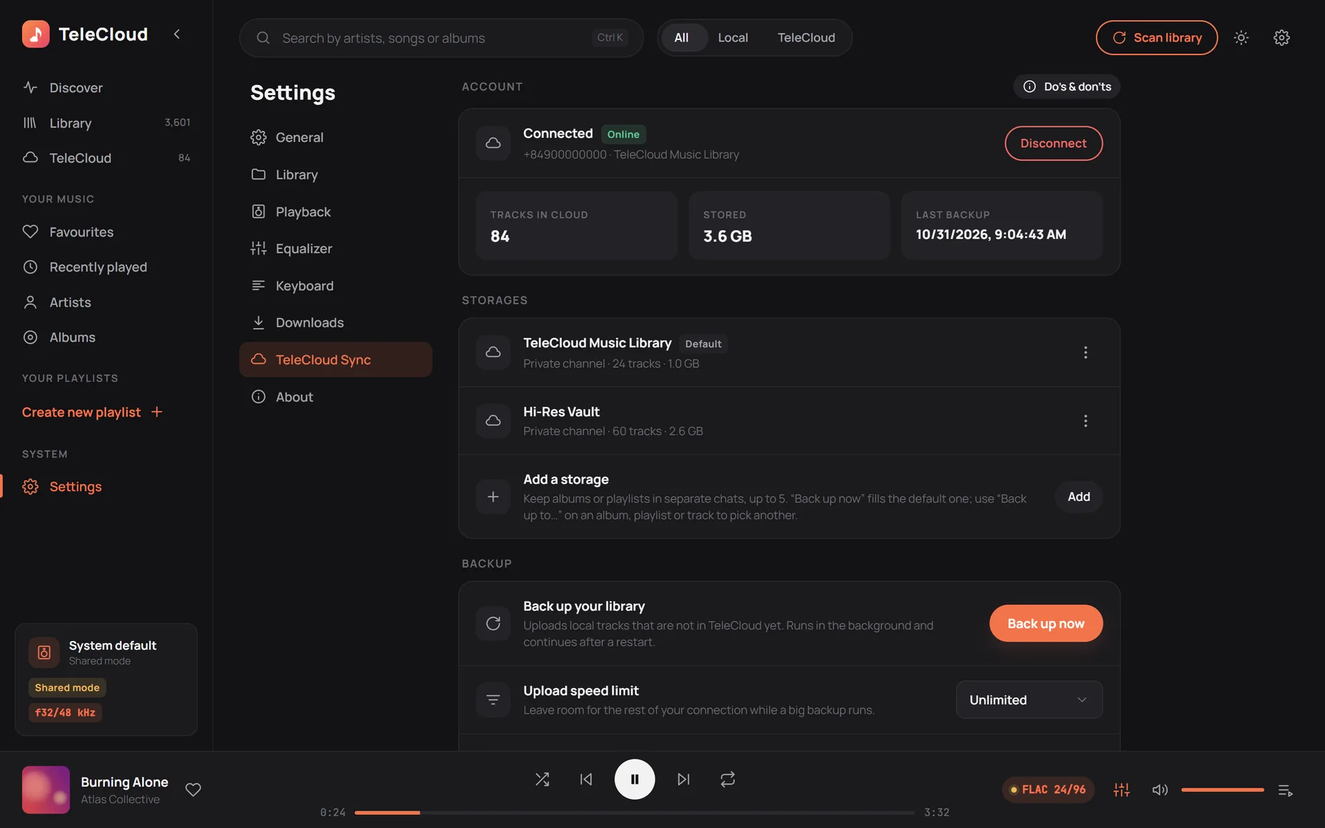 TeleCloud settings listing two storages and the backup controls